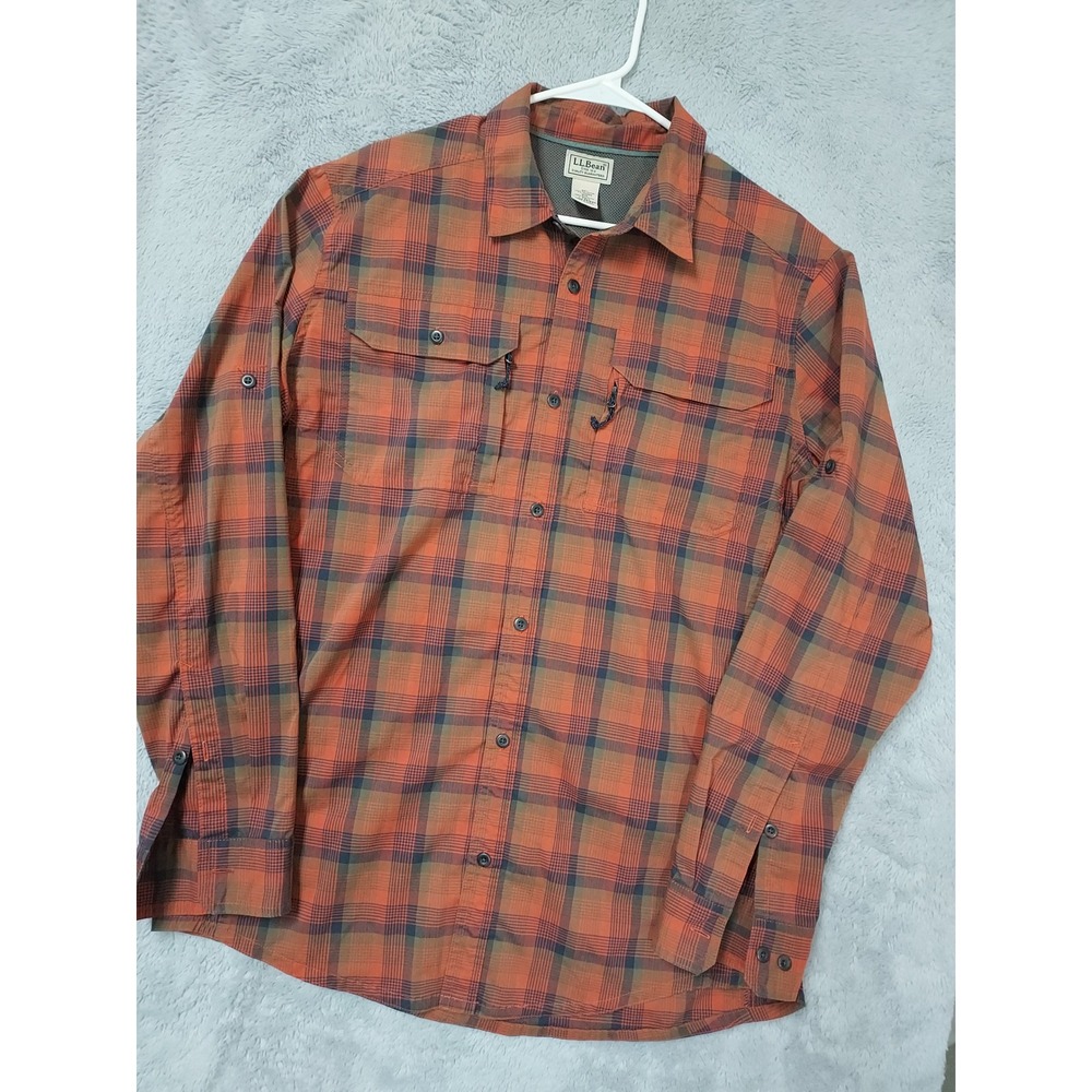 LL Bean Shirt Mens Large Tall Cresta Trail Plaid Hiking Long Sleeve Orange LT
